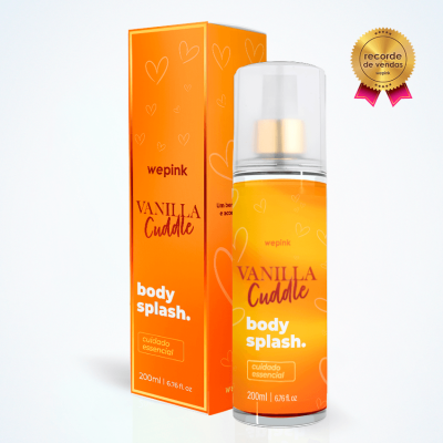 Frasco e caixa de body splash wepink Vanilla Cuddle laranja e branco com selo de recorde de vendas.