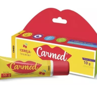 Creme Carmed incolor sabor cereja em tubo e caixa amarelos e vermelhos