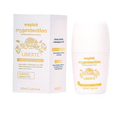 Desodorizante roll-on Wepink myprotection LIBERTÉ com embalagem branca e texto amarelo