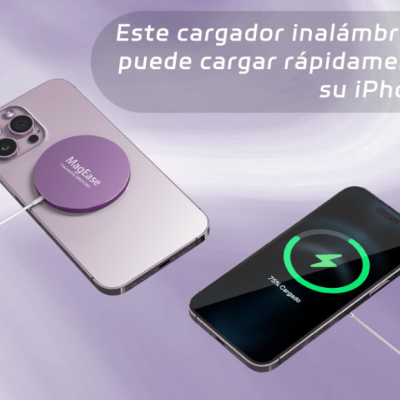 Carregador inalámbrico MagEase em iPhone prateado com texto em espanhol e iPhone preto a carregar