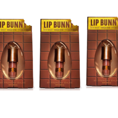 Embalagens LIP BUNNY castanhas em forma de barra de chocolate com gloss labial transparente no centro