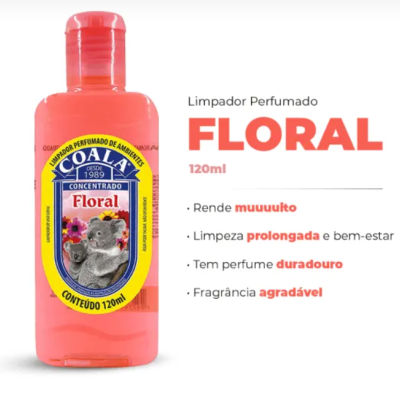 Garrafa rosa com limpador perfumado Coala Floral 120ml e imagem de coalas no rótulo