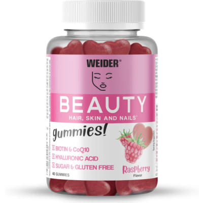 Frasco de gomas vermelhas em forma de coração com rótulo rosa e branco de suplemento beauty raspberry.