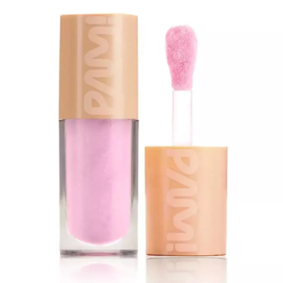 Batom líquido rosa claro em embalagem transparente com tampa bege e aplicador