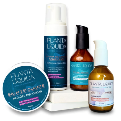 Produtos cosméticos Planta Líquida: espuma de limpeza, balm esfoliante, sérum clareador, multi-vitamina C.