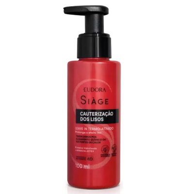 Frasco vermelho de produto capilar Eudora Siàge com bomba preta