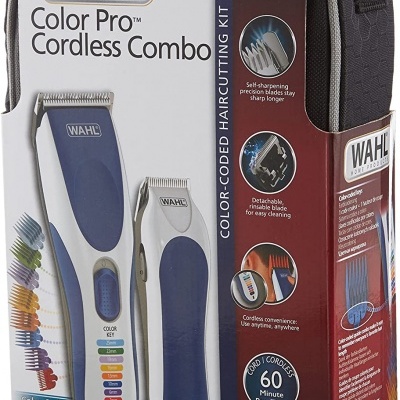 Embalagem do kit de tosquia WAHL Color Pro Cordless Combo com duas máquinas de cortar cabelo e guias coloridos