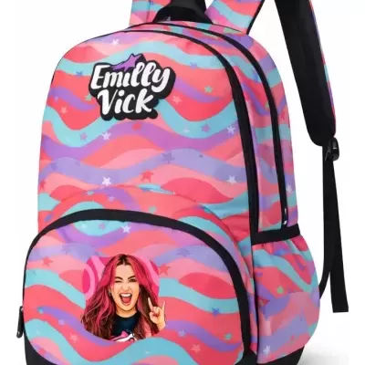 Mochila colorida com padrão ondulado e imagem de mulher