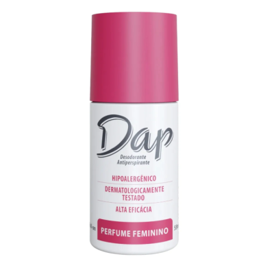 Desodorizante antiperspirante Dap com tampa rosa e texto em cinza e rosa