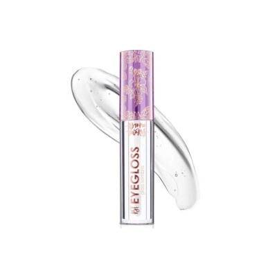 Tubo de gloss labial transparente com tampa roxa e detalhes dourados