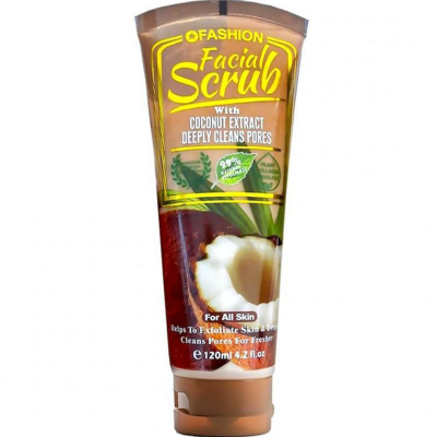 Esfoliante facial com extrato de coco em embalagem castanha com texto amarelo e branco