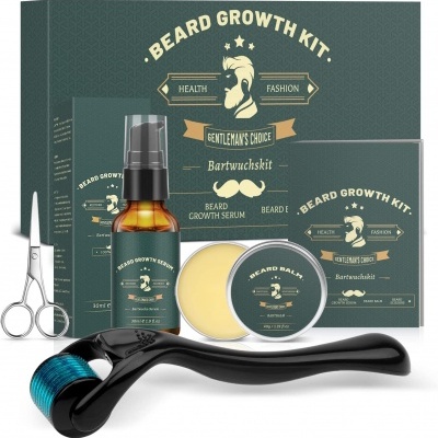 Kit de crescimento de barba com serum, bálsamo, rolo de microneedling e tesouras