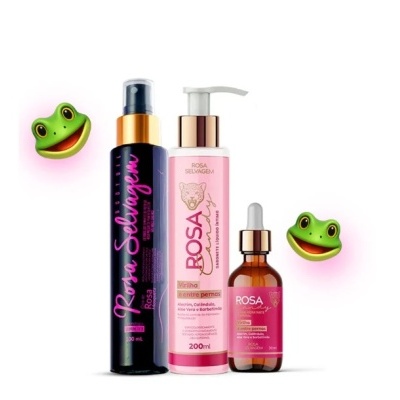Produtos da linha Rosa Selvagem com embalagem preta, branca e âmbar e dois emojis de rãs verdes