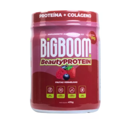 Embalagem vermelha de suplemento BigBoom BeautyProtein Frutas Vermelhas
