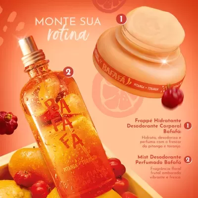 Produtos Bafafá pitanga e toranja em frasco spray e creme hidratante