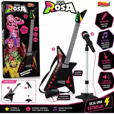 Brinquedo musical infantil guitarra e microfone com caixa colorida e texto em português