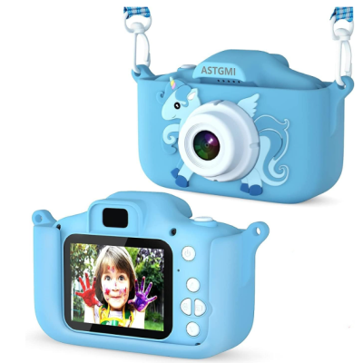 Câmara digital infantil azul com unicórnio e ecrã LCD