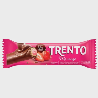 Barra de chocolate Trento morango em embalagem rosa com imagem de chocolate e morangos