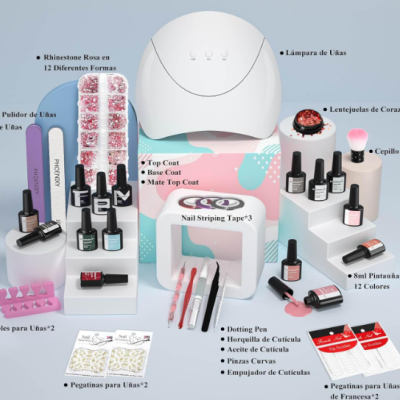 Kit de produtos para unhas com lâmpada branca, esmaltes, pincéis e decoração