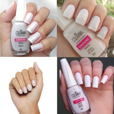 Verniz Colorama cremoso branco em unhas e frascos