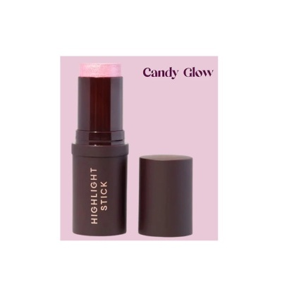 Bastão de maquilhagem castanho escuro com brilho rosa e texto Candy Glow