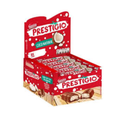 Caixa vermelha de chocolates Nestlé Prestígio com texto e imagens de coco e chocolate