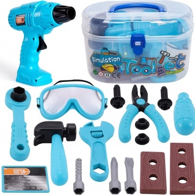 Conjunto de ferramentas de brinquedo azul com caixa transparente