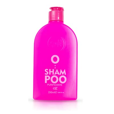 Frasco de shampoo rosa fluorescente com texto branco