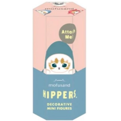 Embalagem octogonal azul e rosa com figura decorativa de gato e texto produzido