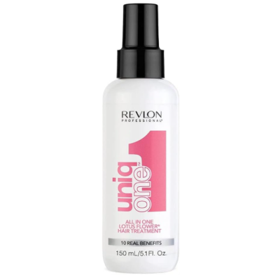 Frasco branco com tampa preta de spray do tratamento capilar Revlon Uniq One