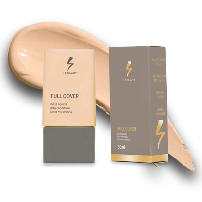 Base líquida LP Beauty Full Cover 30ml com embalagem e caixa cinzenta e bege