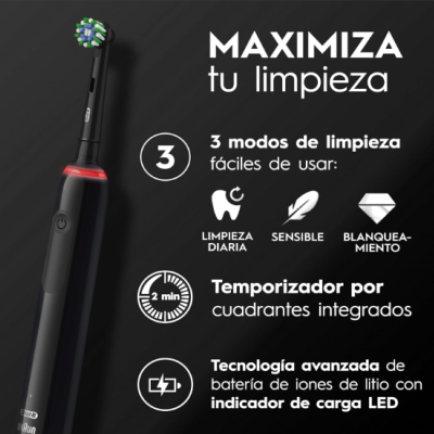 Escova de dentes elétrica preta com texto promocional em espanhol