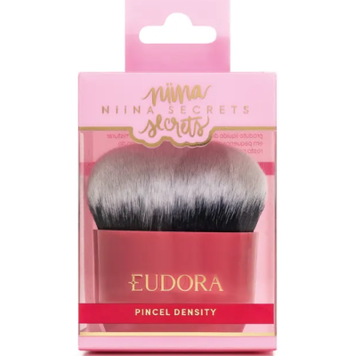 Pincel de maquilhagem Eudora Pincel Density com cerdas pretas e brancas e cabo vermelho em embalagem rosa
