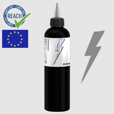 Frasco preto de 240ml com tampa de bico e rótulo branco com raio prateado