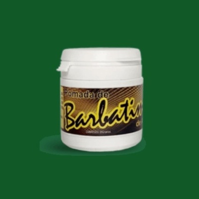 Frasco de pomada de Barbatimão com etiqueta amarela e castanha