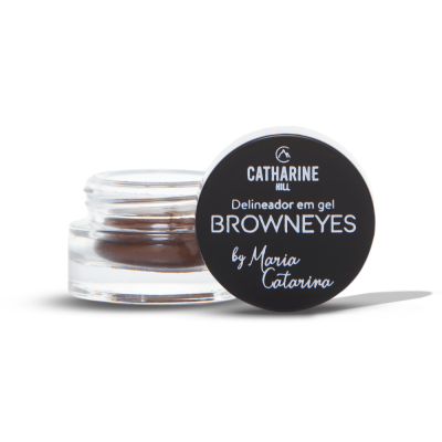 Delineador em gel castanho em embalagem de vidro com tampa preta com texto da marca.