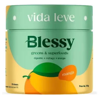 Embalagem de suplemento Blessy sabor manga cor amarela e verde