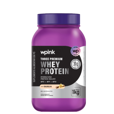 Frasco roxo de suplemento alimentar wpink whey protein sabor baunilha 1kg