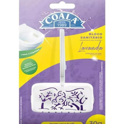 Bloco sanitário COALA Lavanda em embalagem roxa e amarela com suporte branco decorado.