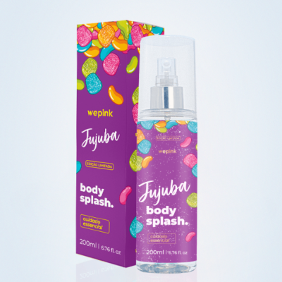 Frasco e embalagem de body splash wepink Jujuba com design colorido de jujubas