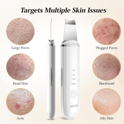 Dispositivo ANLAN branco com ferramenta fina e imagens de diferentes problemas de pele