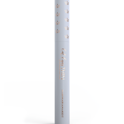 Frasco cilíndrico cinza claro para maquilhagem decorado com origamis dourados e texto dourado em fundo branco