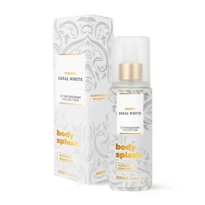 Frasco e caixa de body splash wepink FATAL WHITE com design branco e dourado
