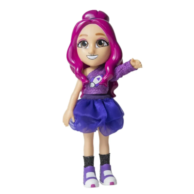 Boneca com vestido roxo e cabelo cor-de-rosa
