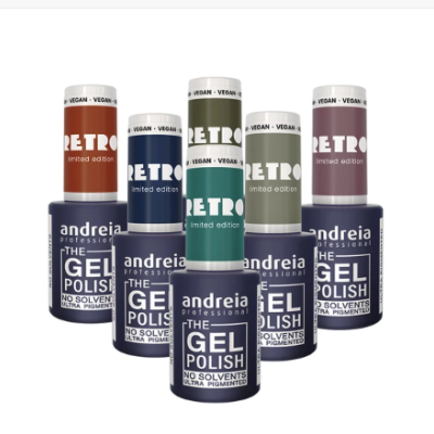 Conjunto de cinco vernizes gel Andréia Professional em diferentes cores, com rótulos indicando GEL POLISH e VEGAN limited edition.