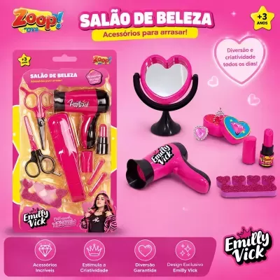 Brinquedo conjunto salão de beleza cor-de-rosa com espelho em coração e acessórios variados