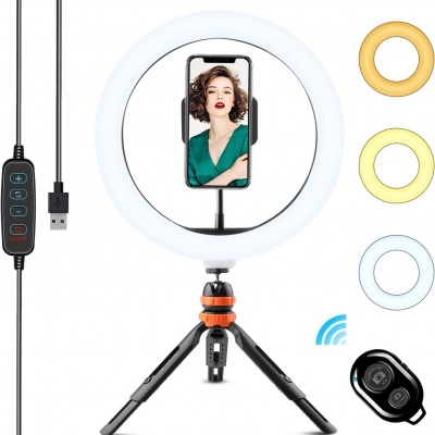 anel de luz LED com tripé e suporte para telemóvel