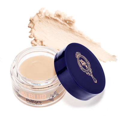 Primer em frasco de vidro com tampa azul e creme bege claro