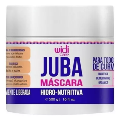 Máscara capilar Juba Widi Care embalagem branca e texto azul e rosa