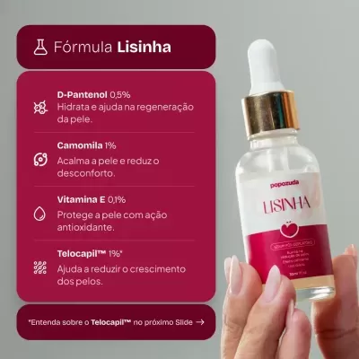 Frasco de sérum pós-depilatório Lisinha com ingredientes e benefícios destacados.